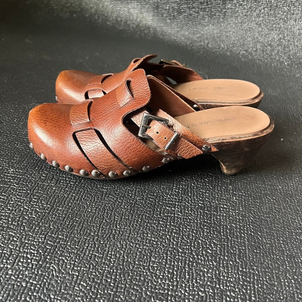 Nine West Brown Leather Studded Wooden Clog Mules Women 6 Boho‎ Retro 70s y2k